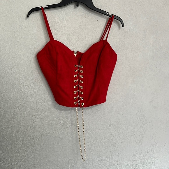 BeBe Josephine Quilted Chain Lace Up Corset Top Goji Berry Faux Suede Size L NWT - Picture 3 of 12